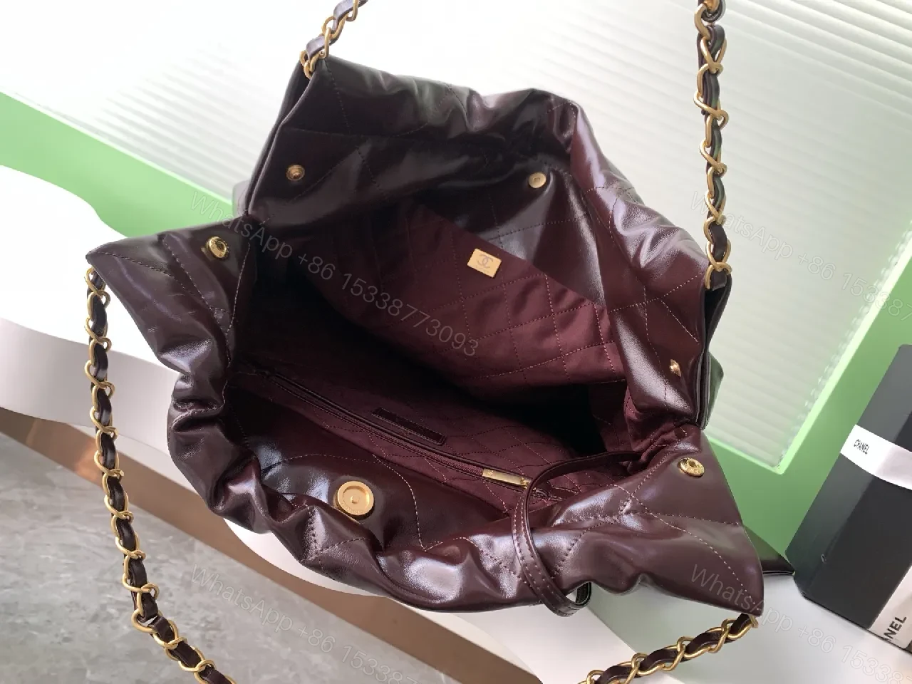 View 8 of Dark-Chocolate Quilted Tote with Gold Chain Bag