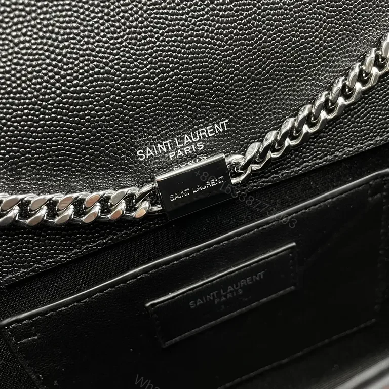 View 8 of Chic Black Leather Clutch: Silver YSL-Inspired Emblem, Chain