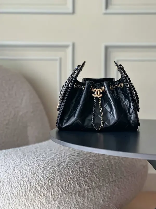 Quilted Leather Chain-Detail Shoulder Bag, Black, Lux Style, Everyday Carry — view 1