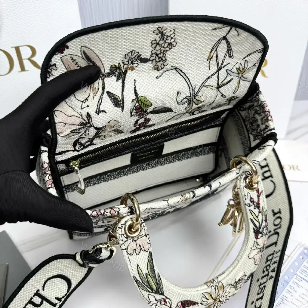 View 6 of Elegant Floral Canvas Handbag with Dior Striping