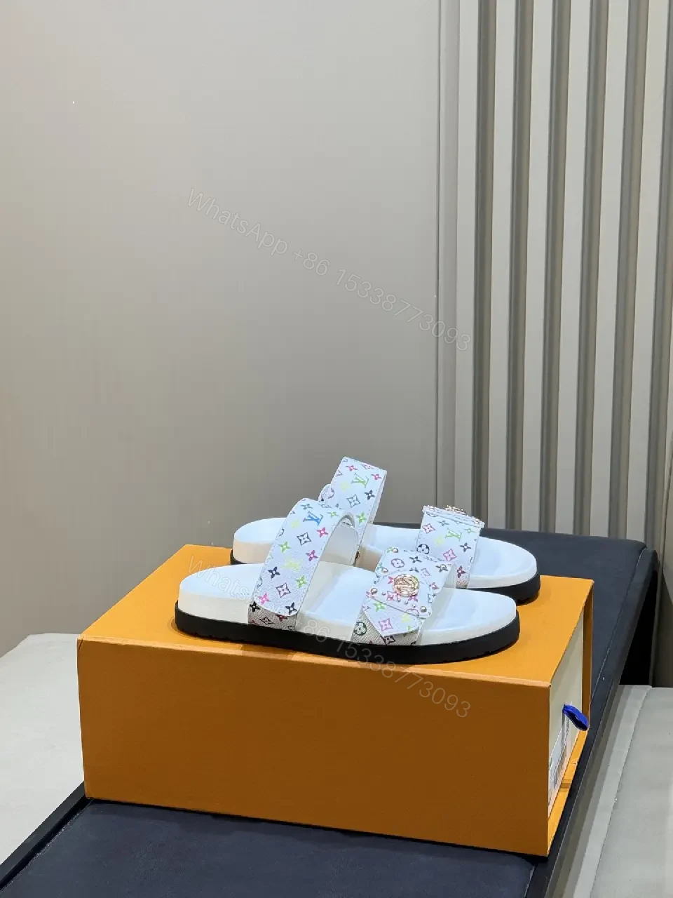View 3 of White Multicolor LV Logo Sliders Comfort Footbed Sandals