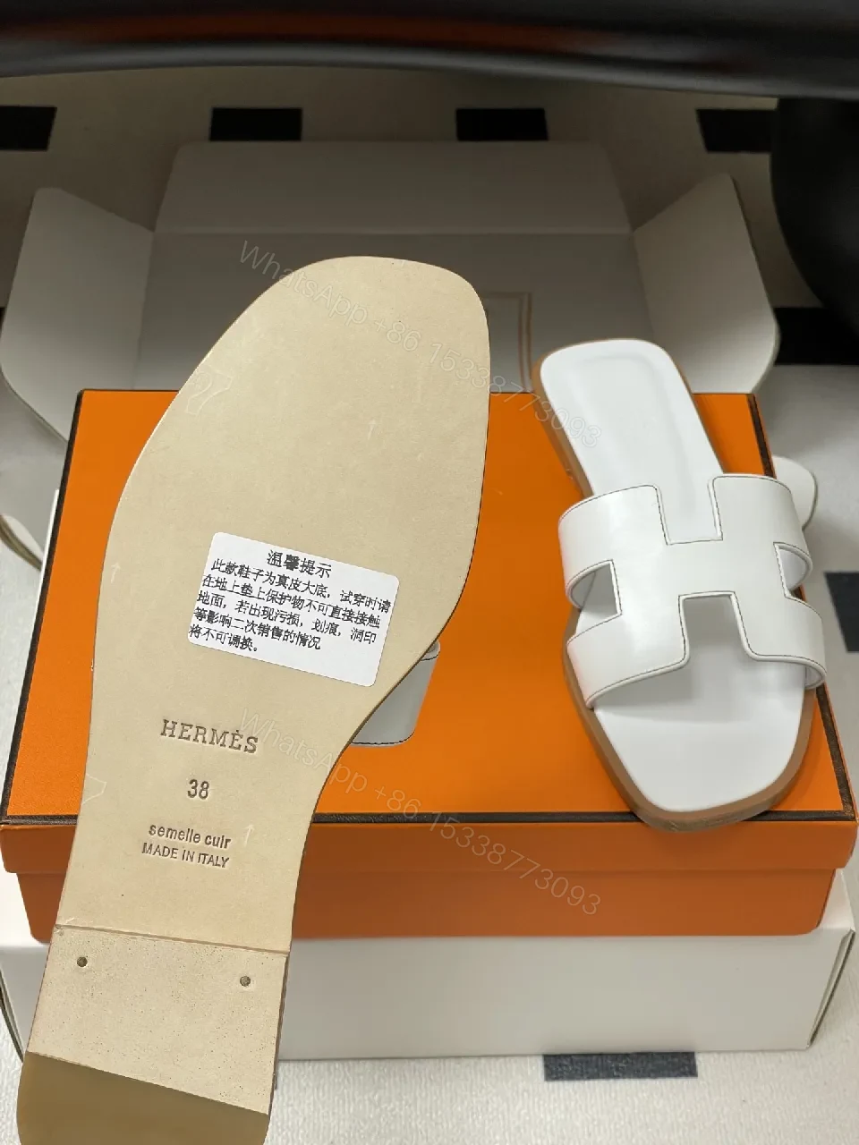 View 6 of White Leather Sandals, H-Cutout, Open-Toe, Comfortable Footbed