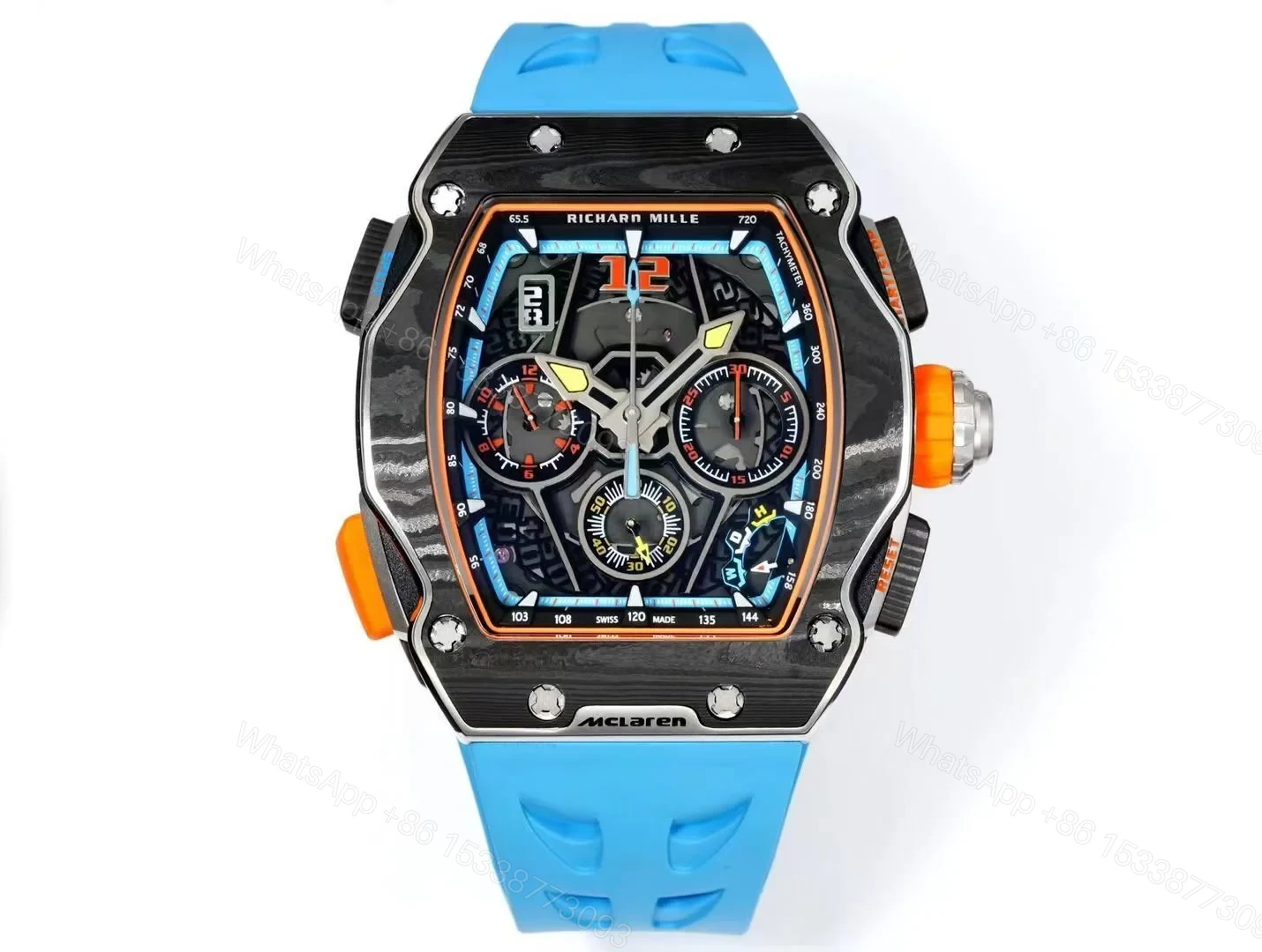 Richard Mille RM65-01 McLaren W1 Automatic Chronograph Watch Blue Strap Carbon TPT Titanium Skeleton Dial RMAC4 Movement Premium Edition RM65-01-MCL-W1-BLU — view 1