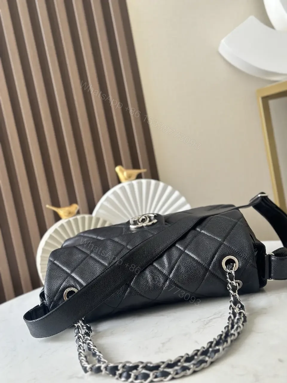 View 6 of Quilted Black Leather Satchel with Silver Chain