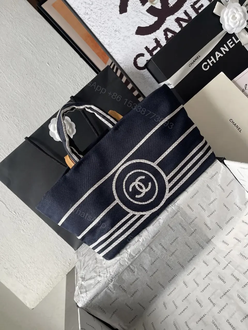 View 7 of Navy Canvas Striped Tote: Luxe Everyday Carryall