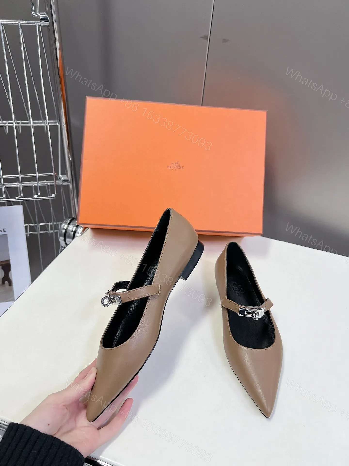 View 4 of Hermes Women Beige Leather Pointed Strap Flats