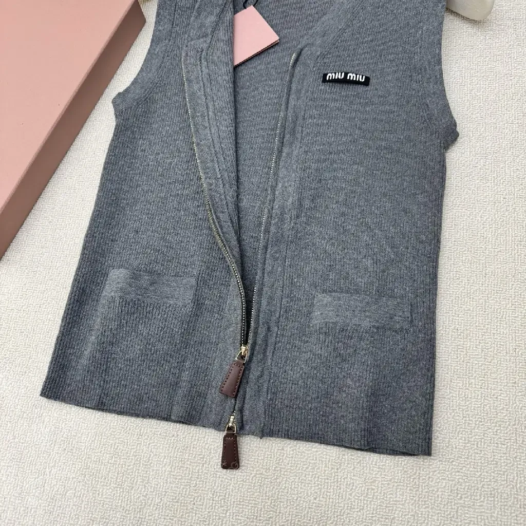 View 4 of Gray Wool Vest Zipper Miu Miu Style Front Pockets Vest