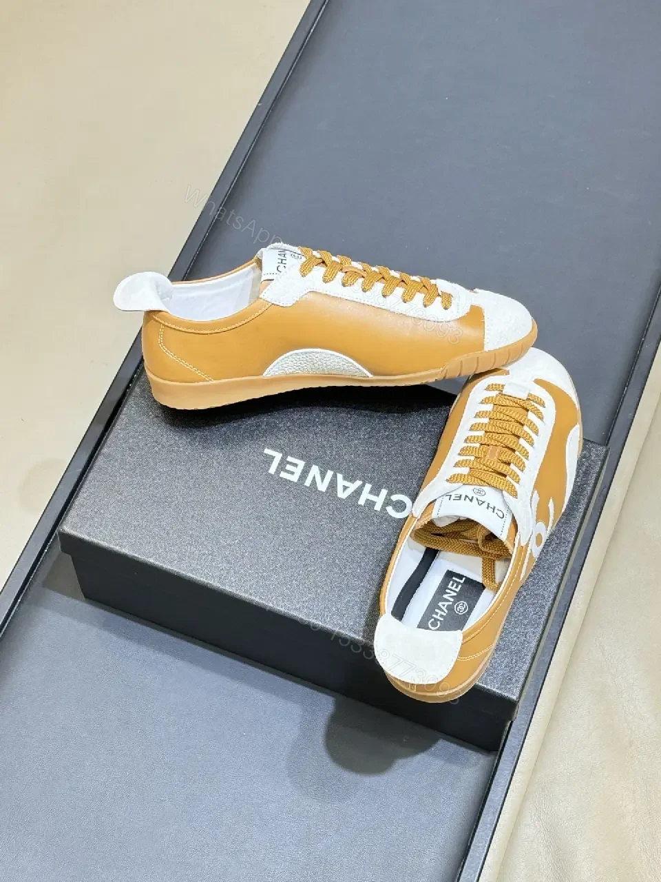 View 7 of Tan Leather & Ivory High-Top Sneakers with Signature Textures