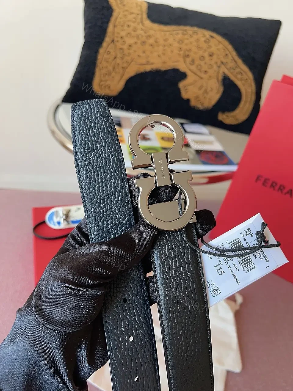 View 2 of Bold Leather Belt with Double-Gancini Hardware