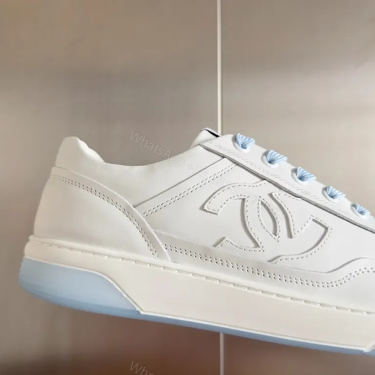 View 3 of Premium White Chanel-Style Leather Sneakers with Light Blue Laces