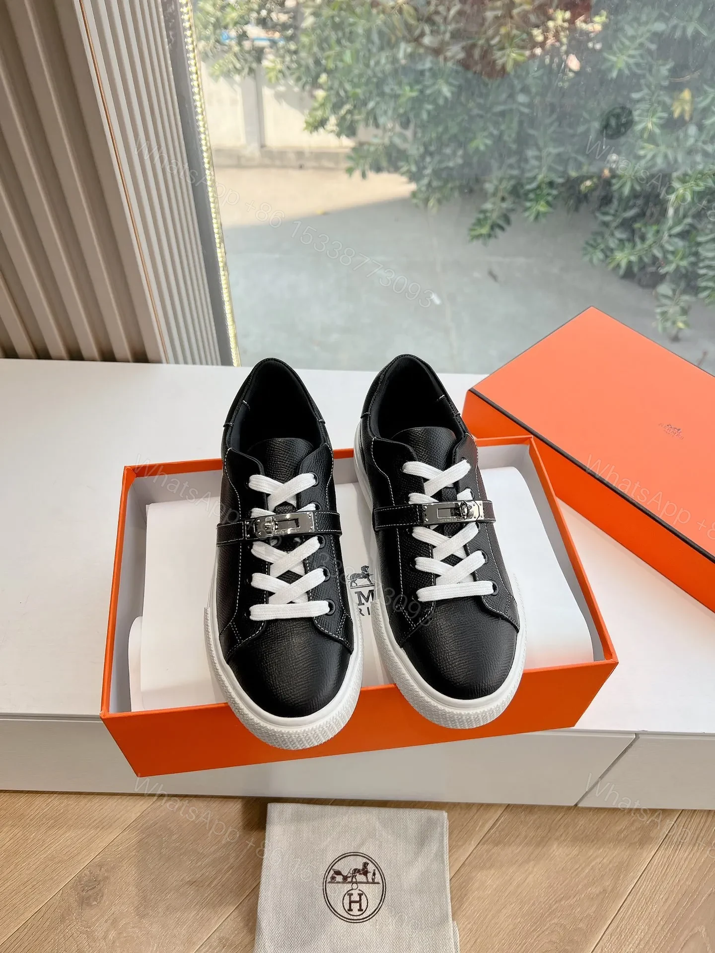 View 3 of Hermes Women Black Leather Sneakers With Buckle Strap