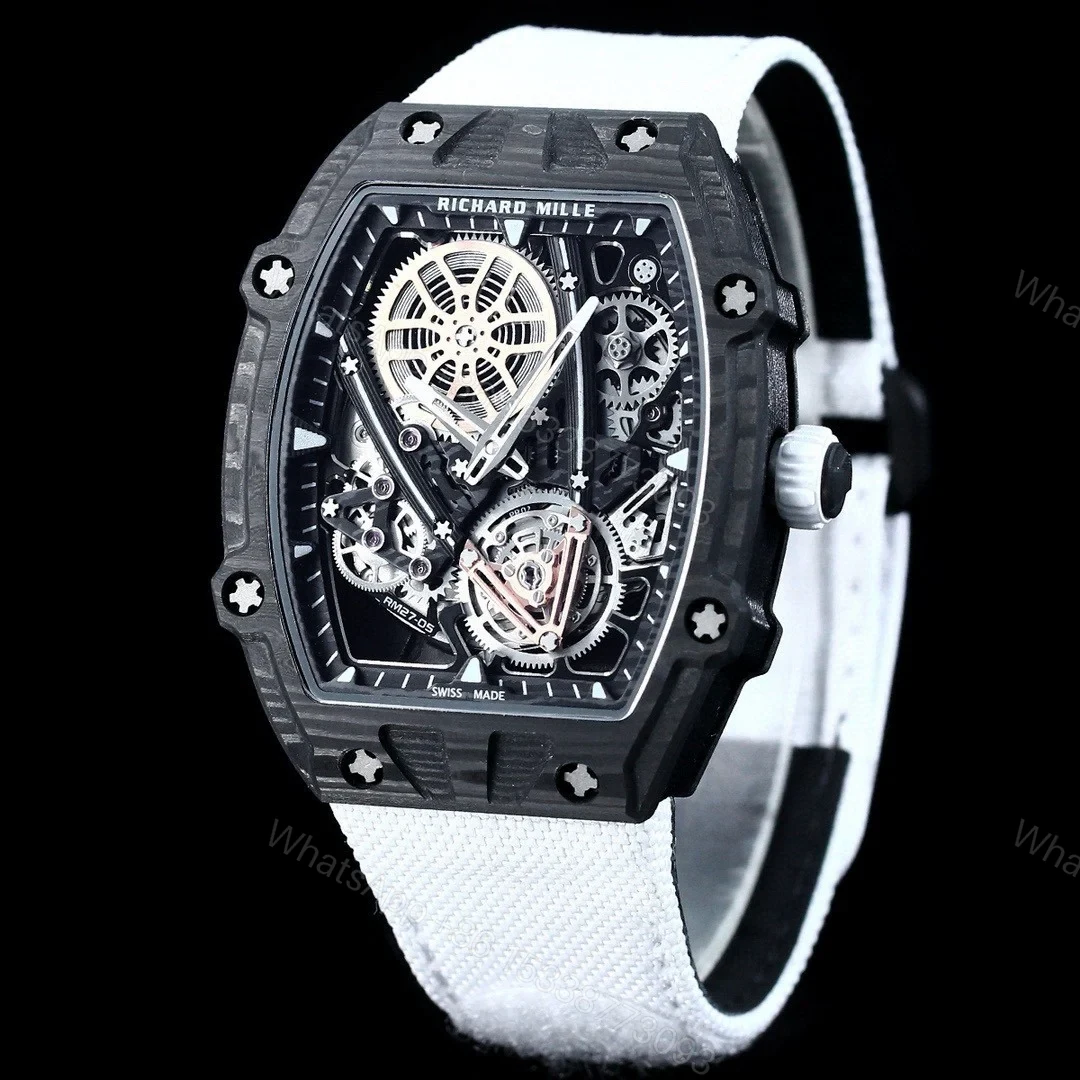 View 2 of Richard Mille RM27-05 Rafael Nadal Flying Tourbillon Watch White Strap Ultra Light Carbon TPT Skeleton 38g Ultra Thin 9MM Premium Edition RM-RM27-05-RN-WHT-F38