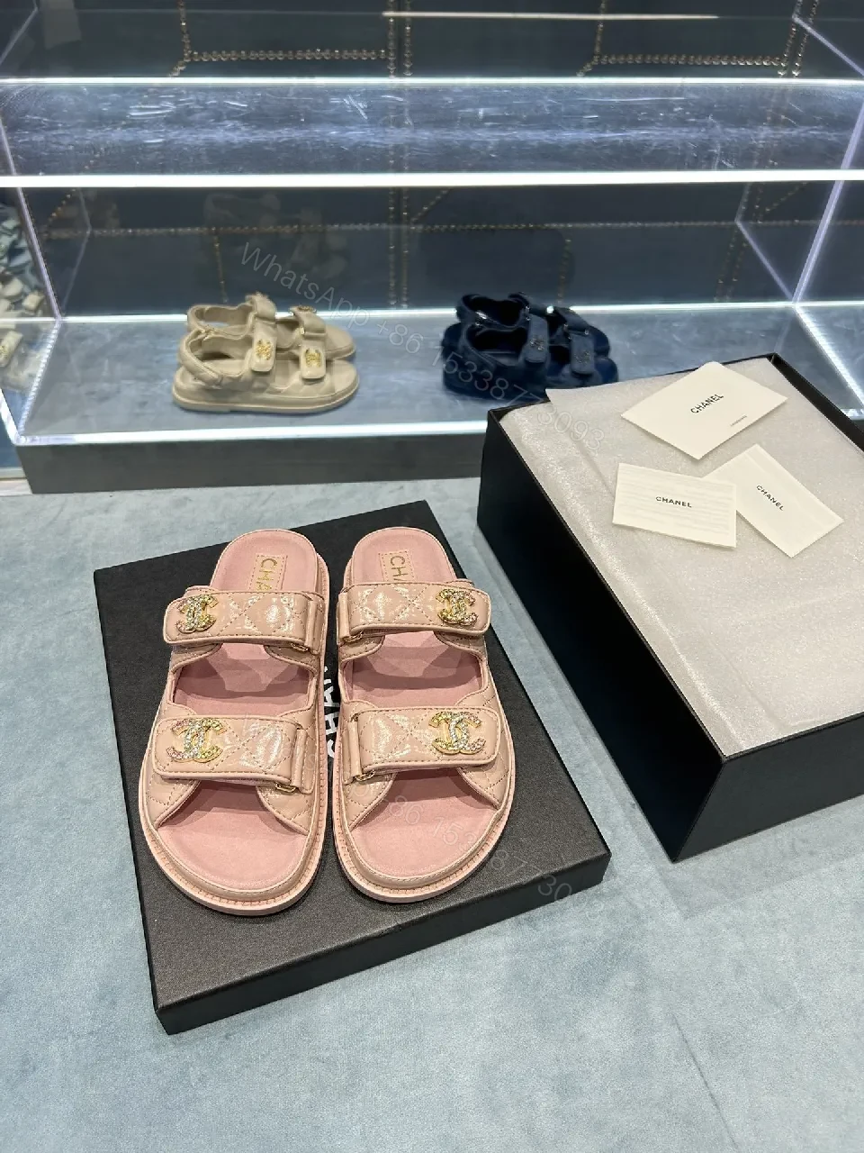 View 8 of Soft Pink Quilted Sandals with Crystal Straps - All-Day Comfort