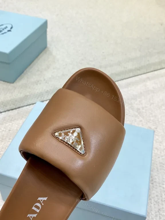 View 4 of Brown Leather Prada-Trim Slide Sandals with Modern Edge