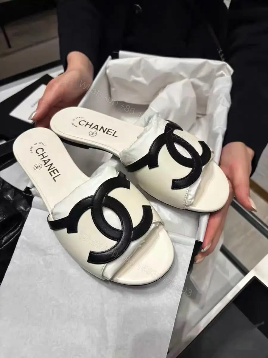 View 9 of Cream Leather Chanel-Style Slide Sandals