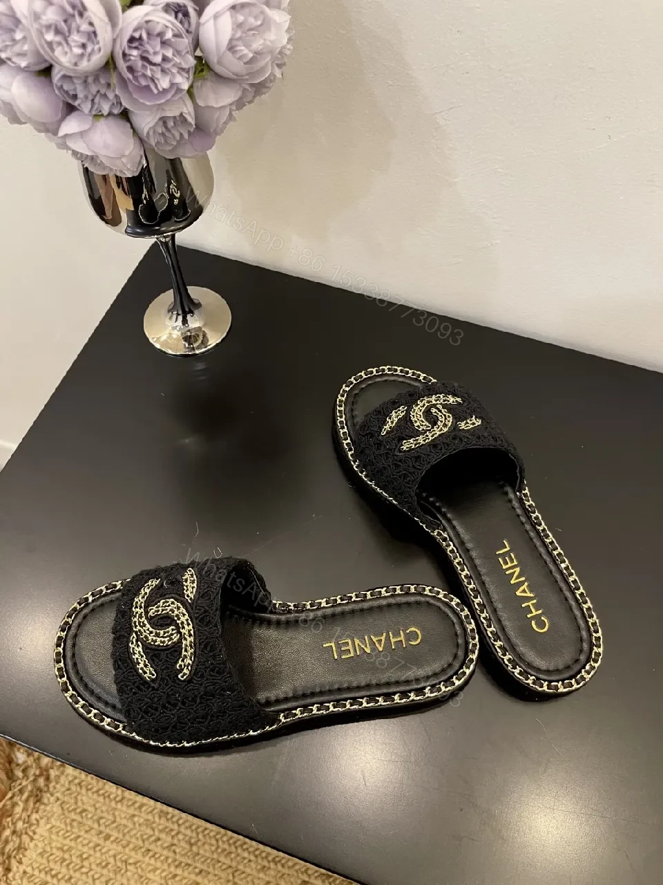View 5 of Black Crochet Slide with Gold Chain Trim, Luxe Comfort