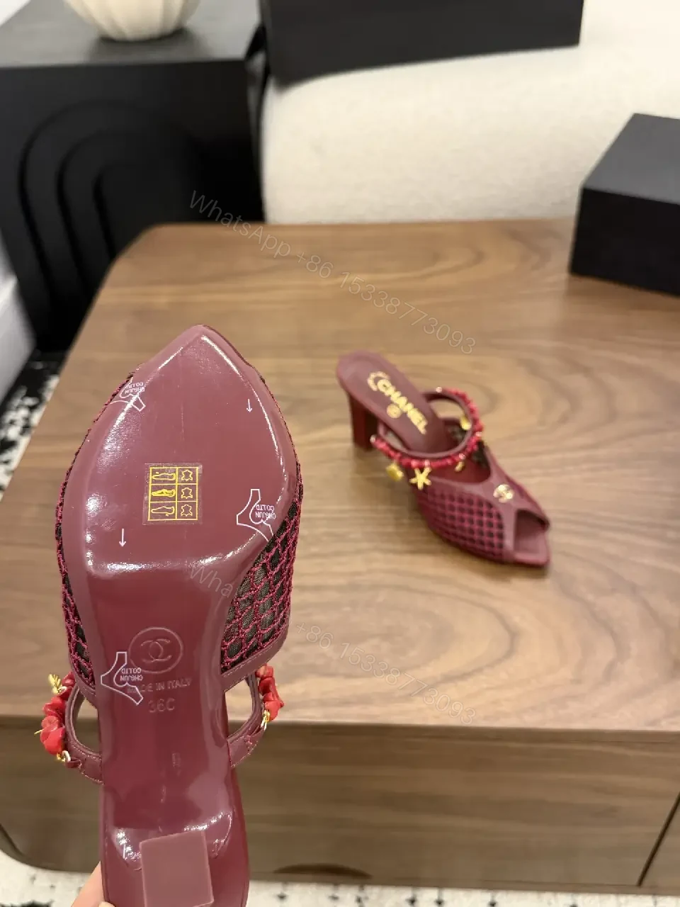 View 4 of Pink Leather Mesh Heeled Mules with Embellished Strap Product Type: Heels