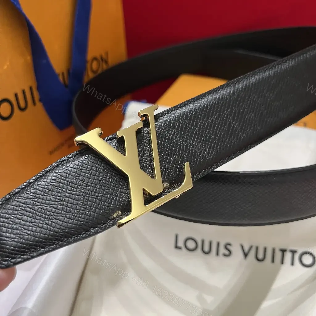 View 9 of Black Leather Belt with Silver LV Logo Buckle, Classic Pebbled Texture