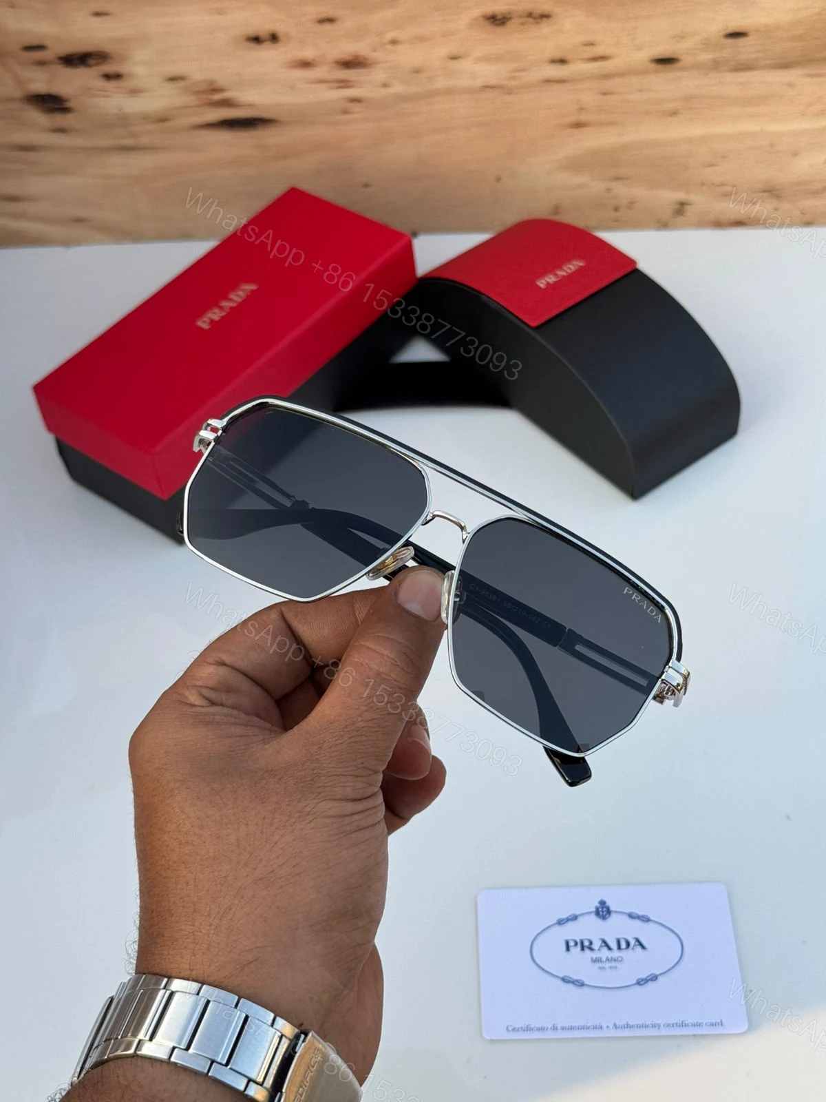 View 4 of Prada Aviator Square Silver Dark Grey Sunglasses