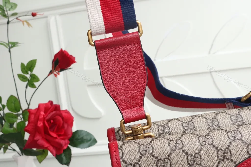 View 2 of G GG Canvas Crossbody: Red Leather Trim, Striped Strap