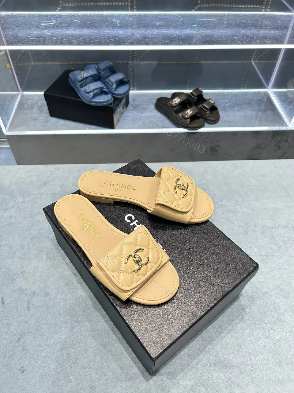View 4 of Beige Quilted Leather Slide Sandals with Logo Detailing