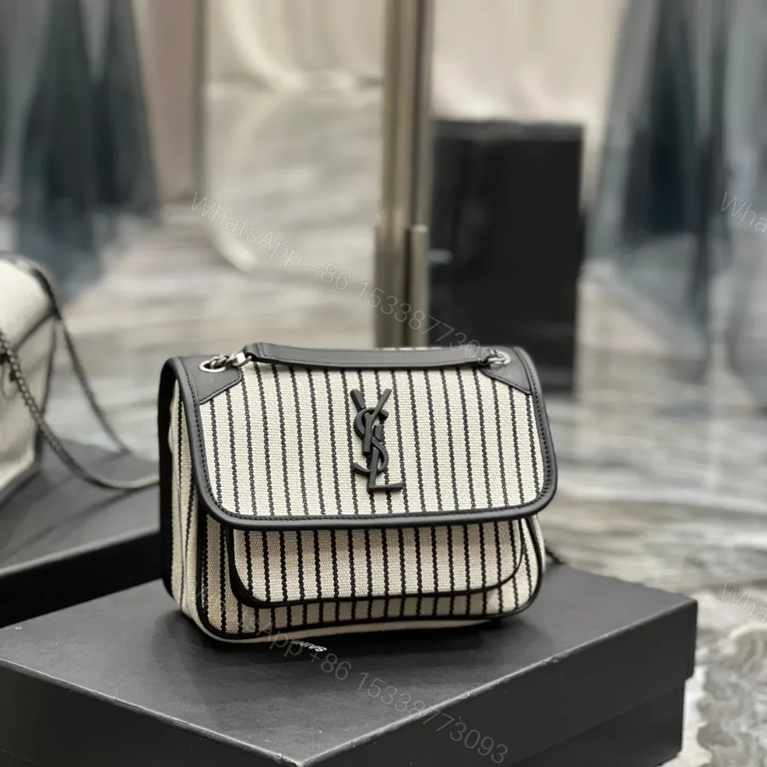 Saint Laurent Cotton Canvas Striped Vintage Calfskin Monogram Medium Niki Chain Satchel — view 1