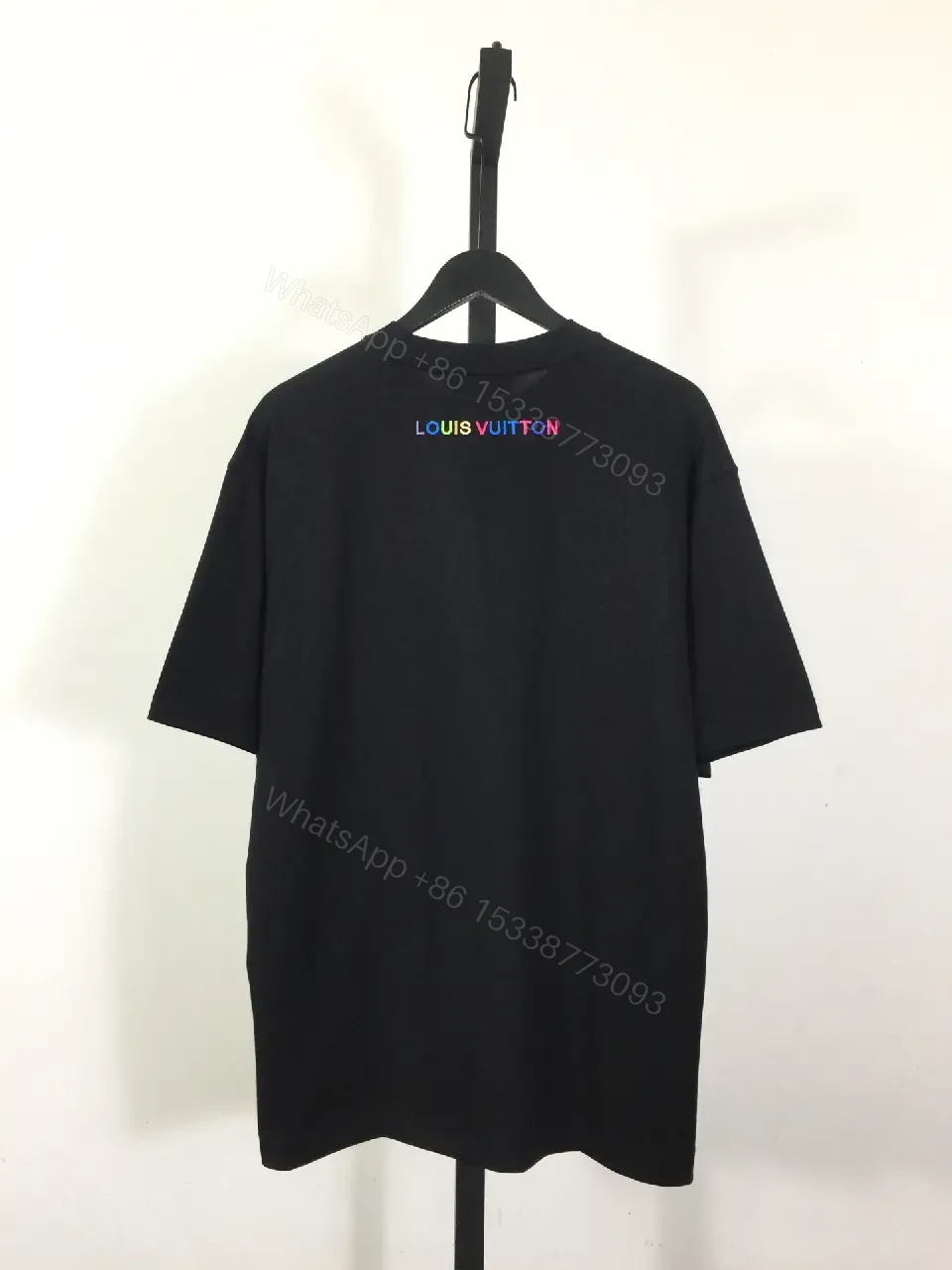 View 2 of Black Cotton Crew-Neck Tee with Multicolor LV Embroidery