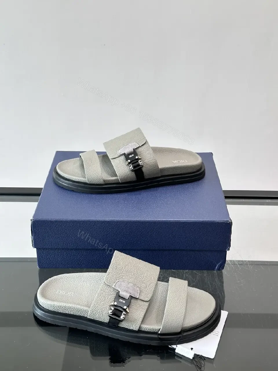 View 5 of Gray Leather Slides Buckle Feature Dior Sandals
