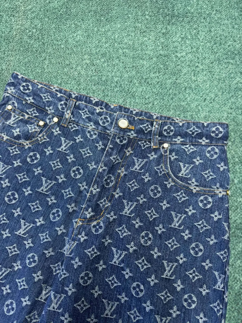 View 4 of Denim Monogram Wide-Leg Jeans — Signature Pattern, Luxe Casual