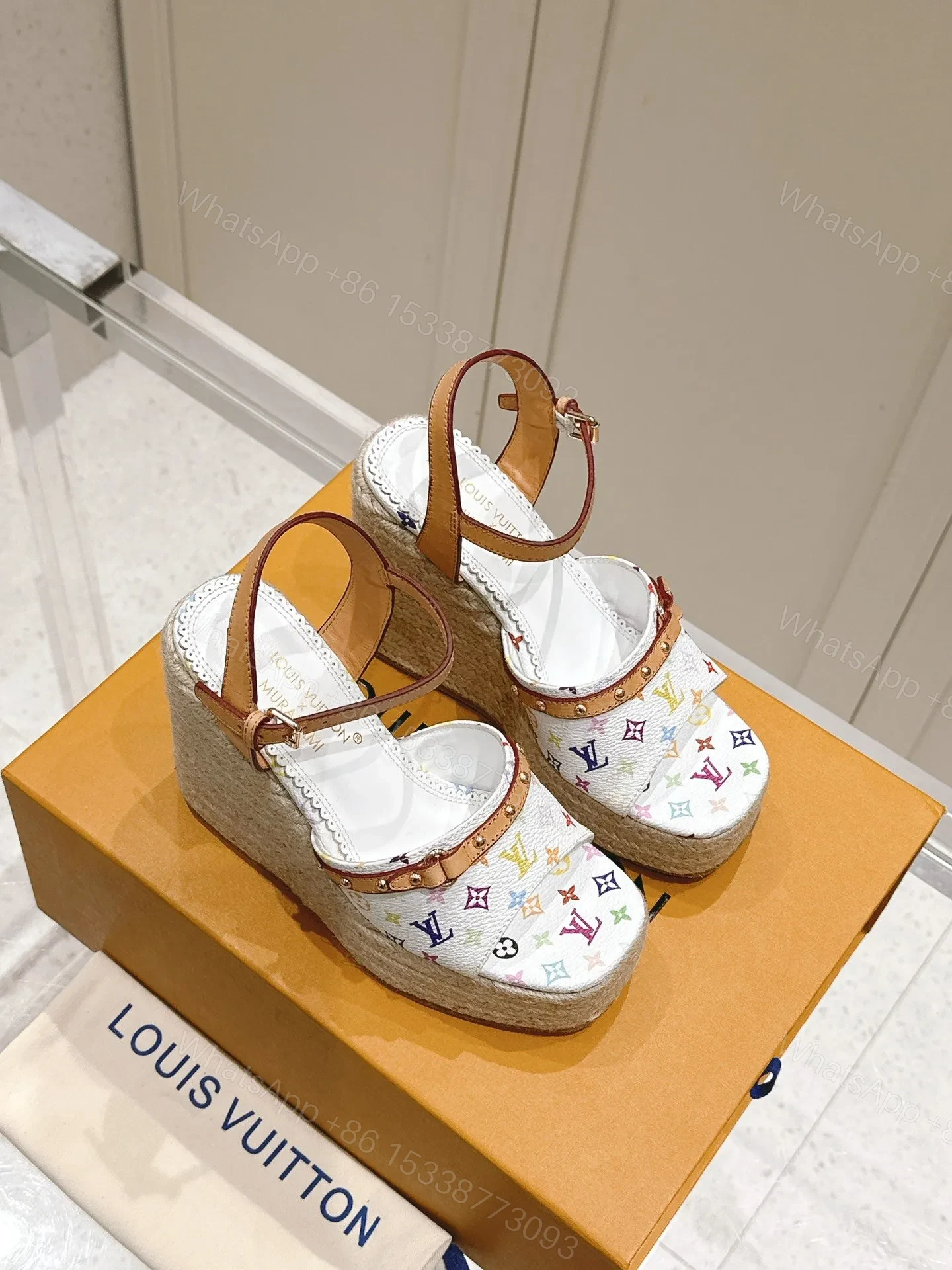 View 3 of LV Women White Leather Multicolor Print Wedge Sandals