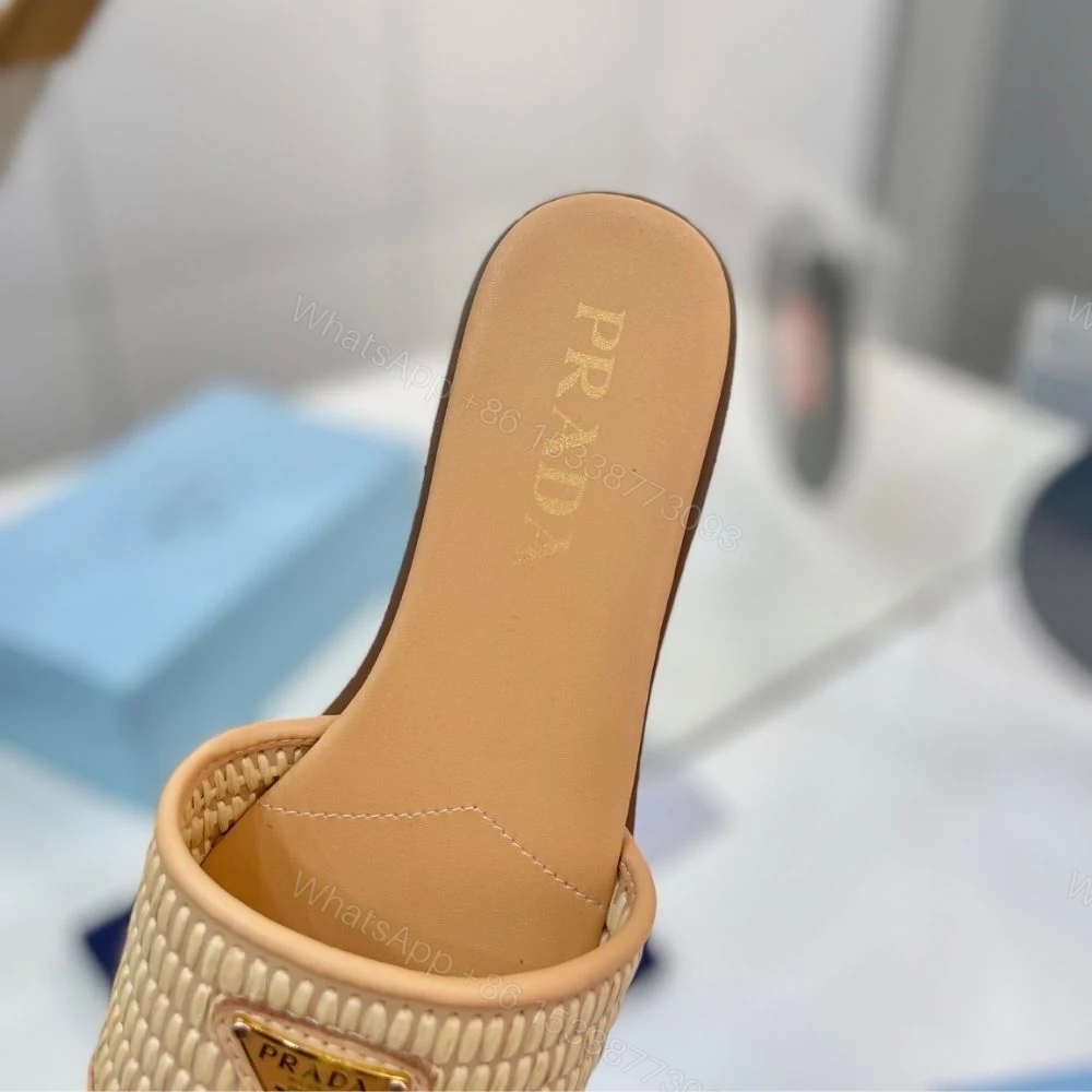 View 10 of Prada Leather Slides With Crochet Details Natural