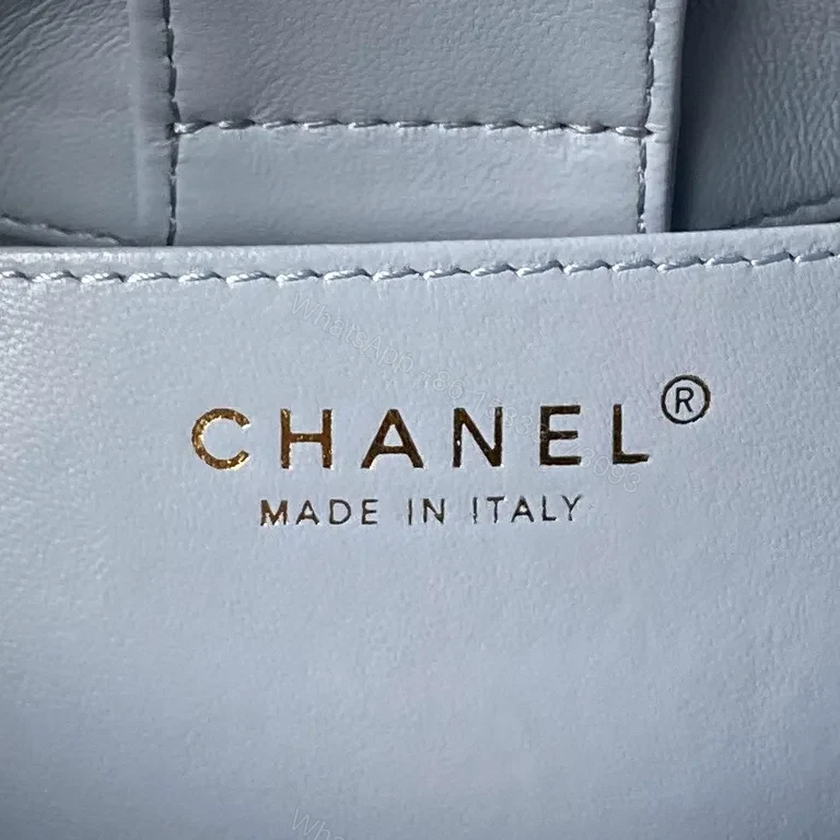 View 6 of Soft Denim-Blue Chanel-Style Quilt Mini Bag with Gold Chain