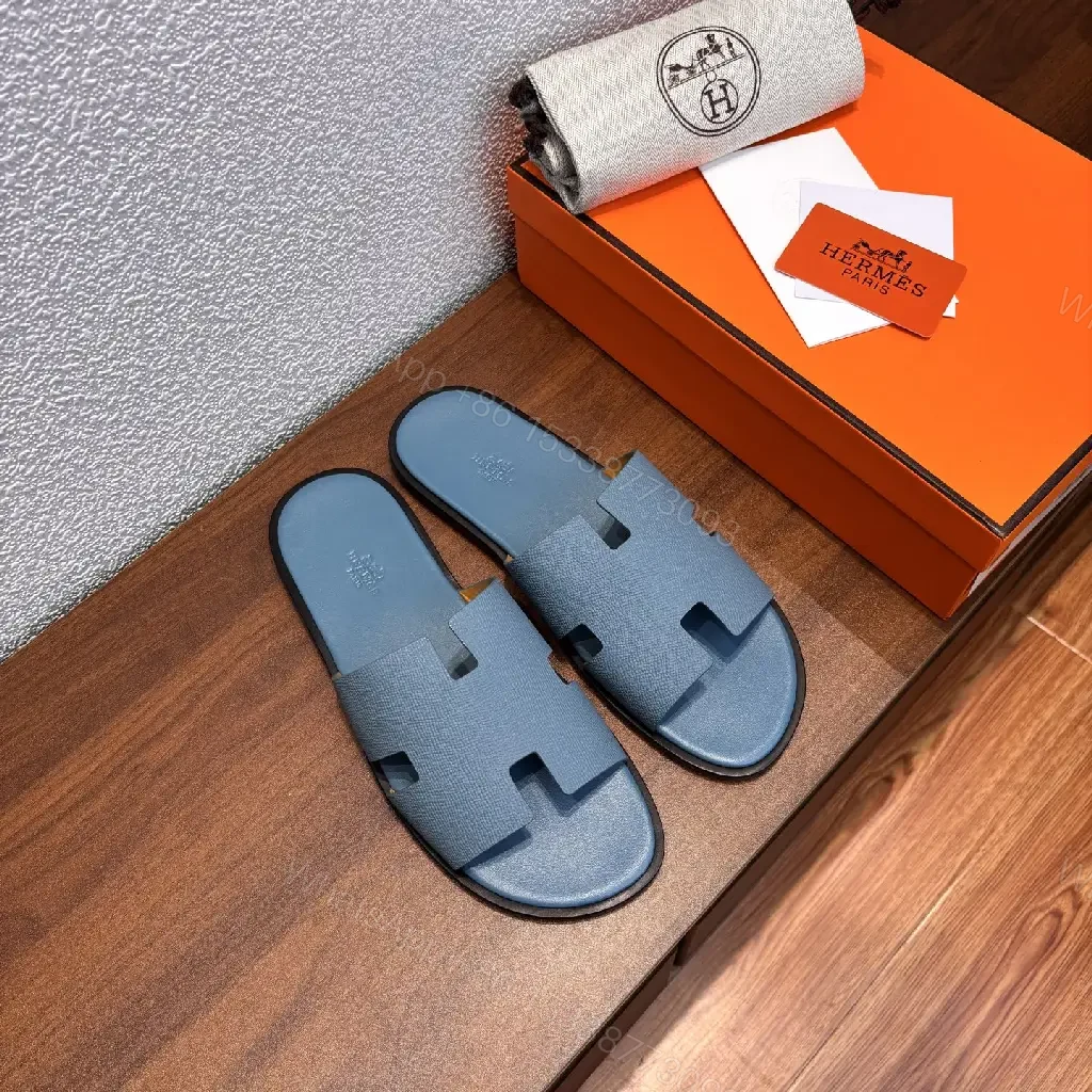 View 7 of Blue Leather Slipper Sandals, Modern Hermes-Style, Matte Finish Slide