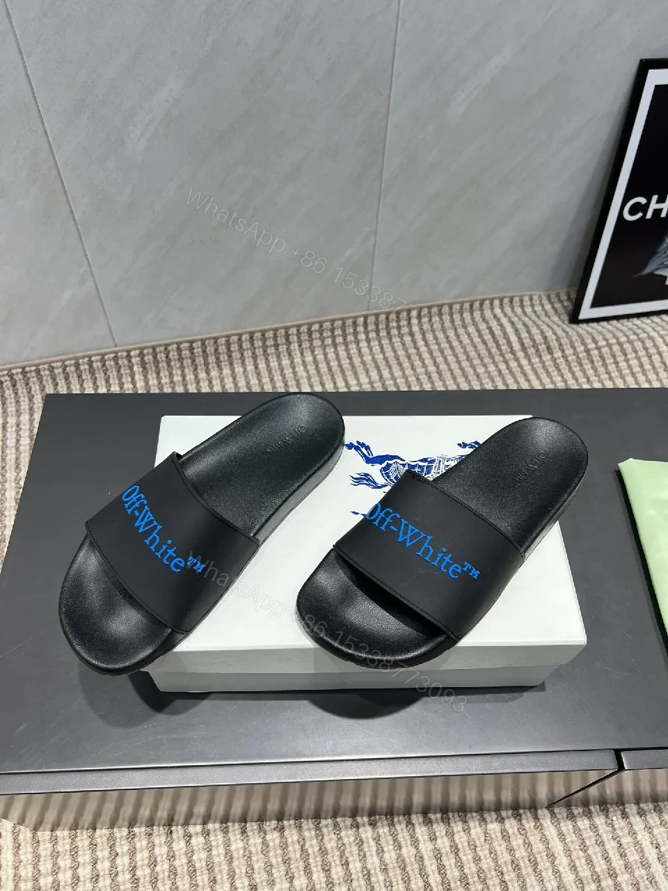 View 6 of Black Synthetic Slides | EVA Comfort | Minimal Luxe Edge + Blue Logo