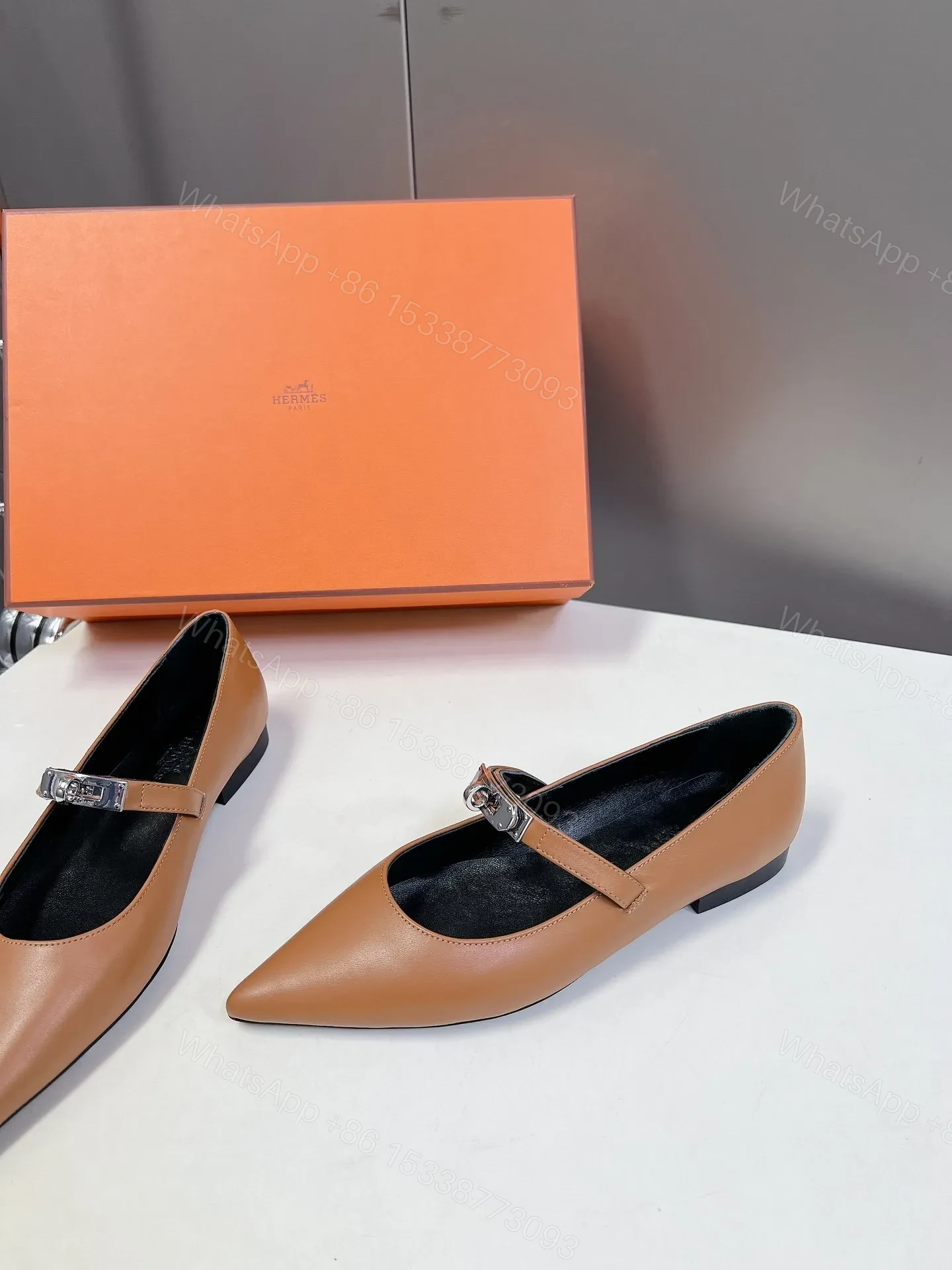 View 4 of Hermes Women Tan Leather Pointed Toe Flats