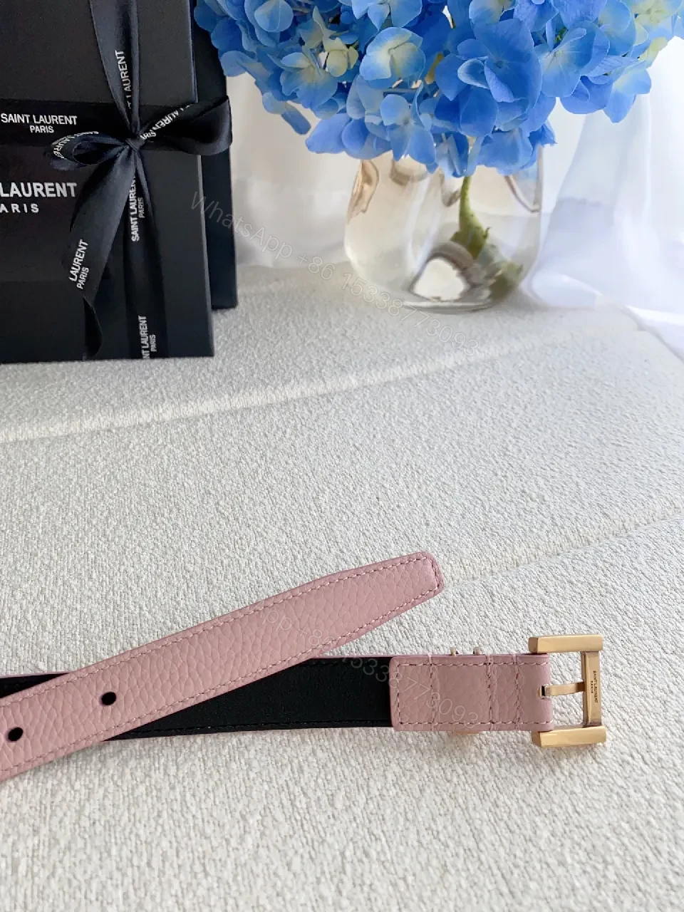 View 6 of Soft Pink Leather Belt with Gold-Tone Double T Buckle