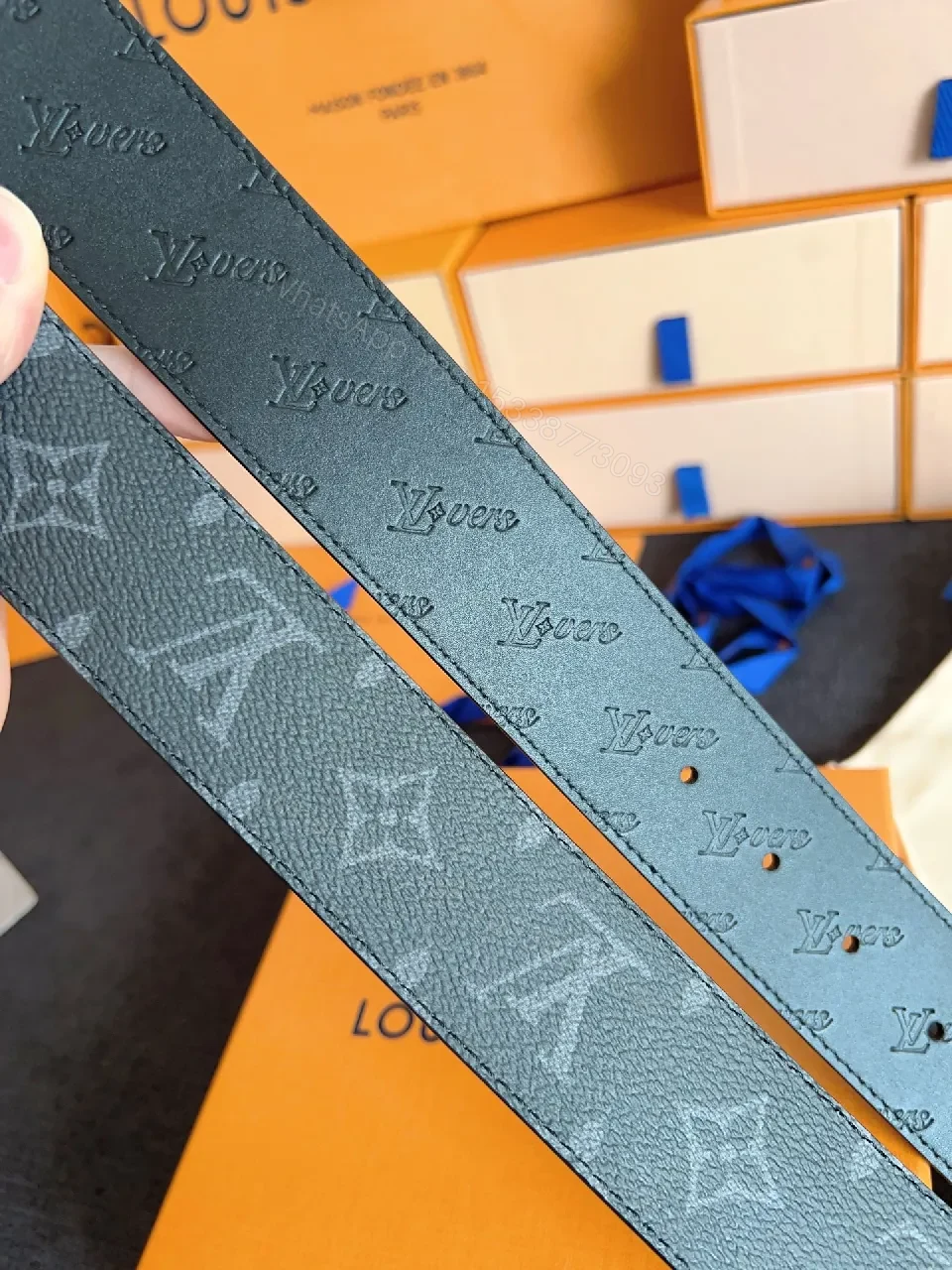 View 7 of Lux Slim LV-Pattern Belt: Monogram Leather, Silver Buckle, Modern Style