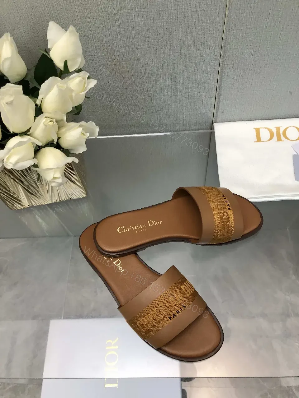 View 7 of Brown Leather Christian Dior Slides, Bold Logo Strap, Paris, Slide Sandals