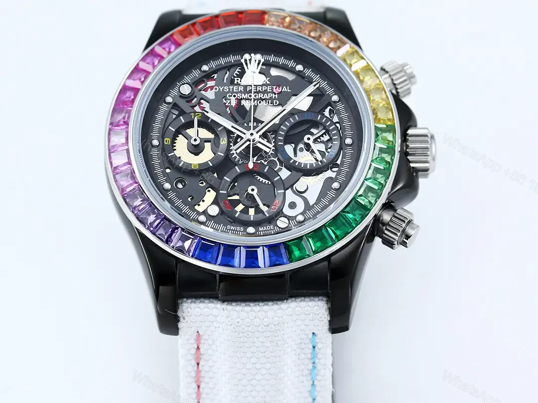 View 3 of Rolex Daytona Rainbow Skeleton White Strap replica 43MM Fabric Strap Edition RG-DAYTONA-RAINBOW-SKELETON-WHITE-STRAP-43