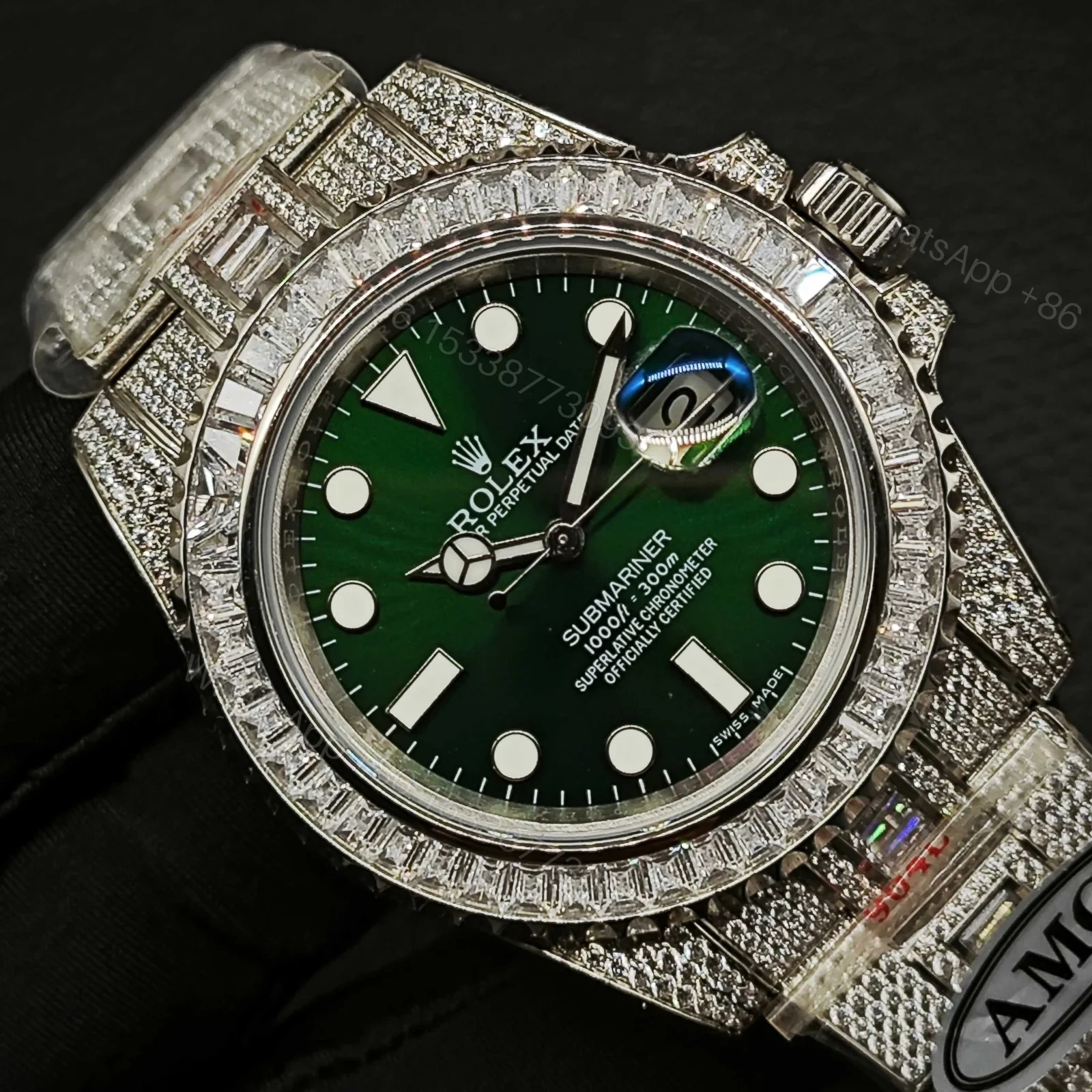 View 4 of Rolex Submariner Green Dial Diamond Replica 40MM Exclusive Full Pavé Steel Bracelet RG-ROLEX-SUB-GREEN-PAVE-40
