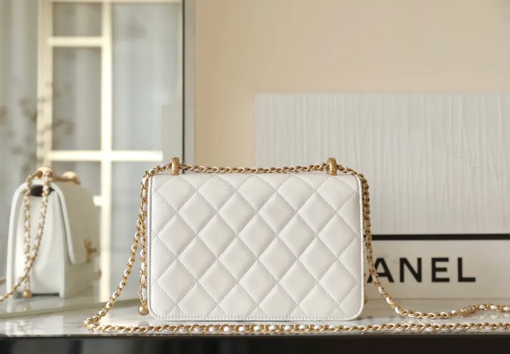 View 6 of White Quilted Flap Bag with Gold Chain â€“ Designer-Inspired Luxury