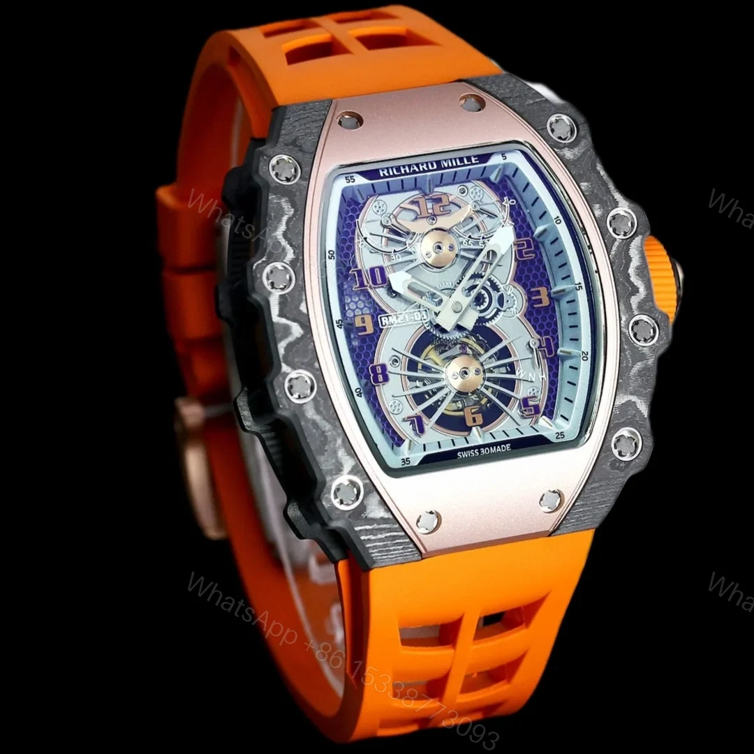 View 3 of Richard Mille RM21-01 Automatic Skeleton Watch 40MM Carbon Fiber Case Orange Strap Aerospace Structure 20 Keyway Screws Premium Edition RM-RM21-01-CF-ORG-SKL-40