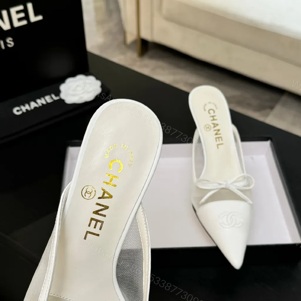 View 2 of White Leather Slingback Heels with Satin Mesh Inset, Pointed Toe, Kitten Heel