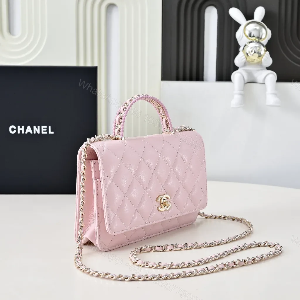 View 7 of Soft Pink Quilted Mini Bag with Gold Chain, Satin Texture, Everyday Luxury
