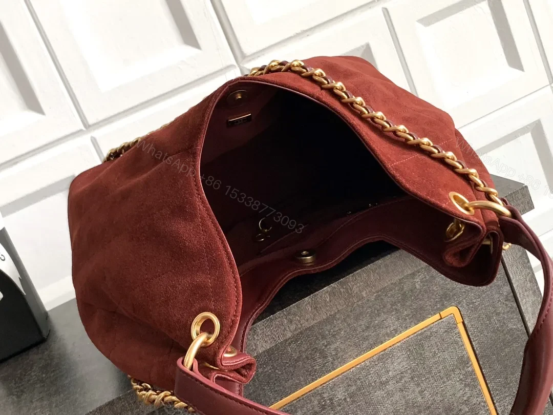 View 9 of Burgundy Suede Quilted Hobo with Gold Hardware