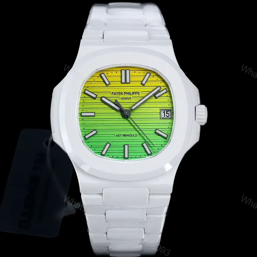 Patek Philippe Green Yellow Nautilus Watch White Ceramic Bracelet Ultimate 40MM PP-NAU-GRN-YEL-WCER40 — view 1