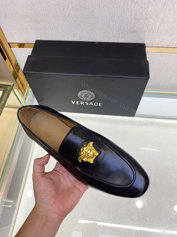 View 3 of Navy Calfskin Loafers + Gold Medusa Buckle â€” Versace-Inspired Luxury