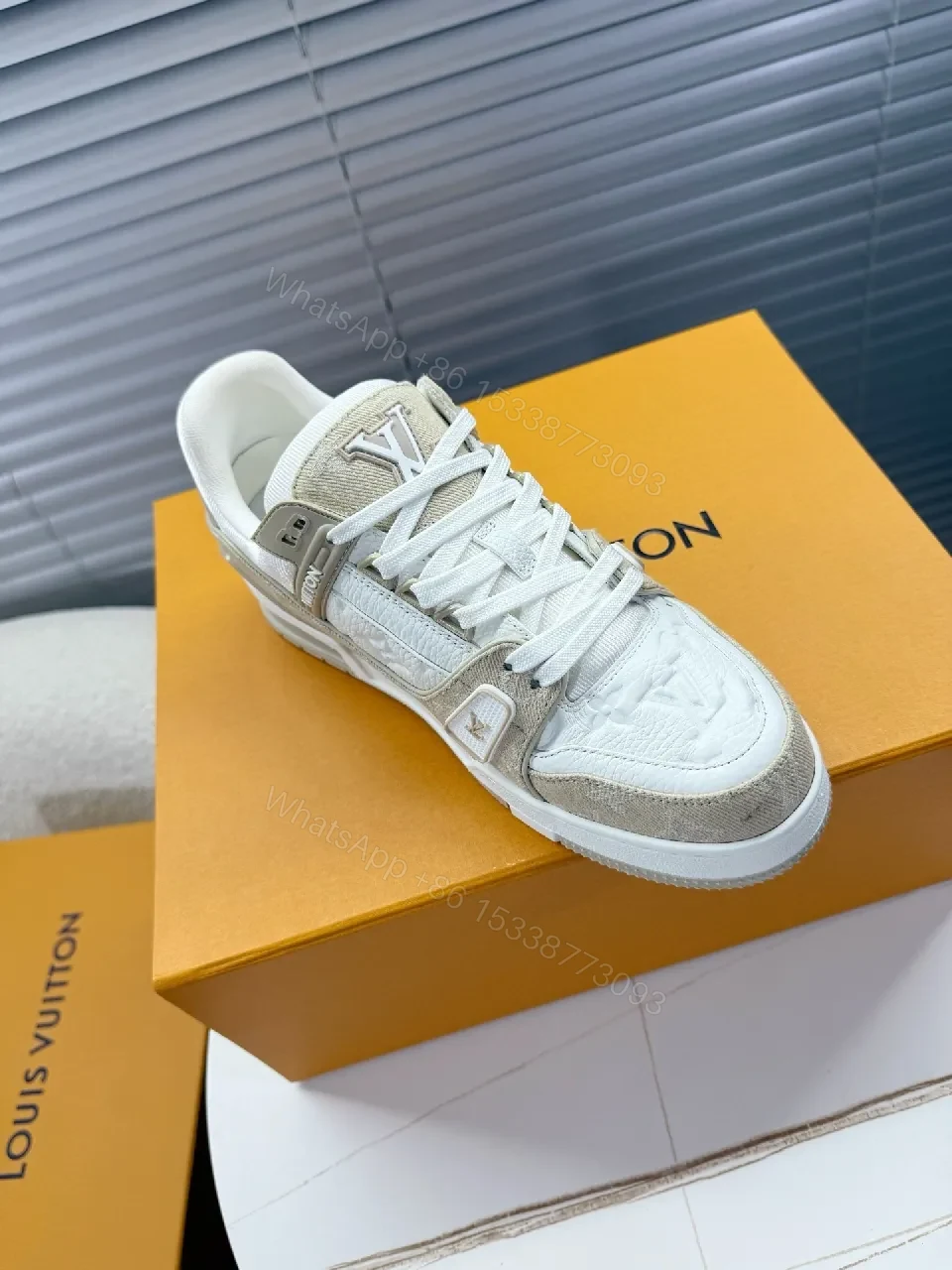 View 2 of White Quilted Leather High-Tops with Beige Suede Overlays