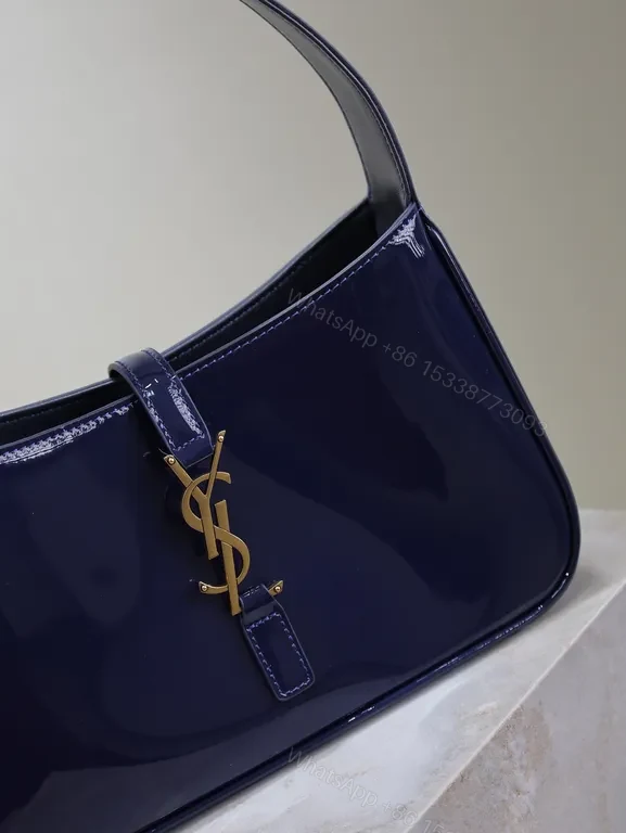 View 6 of Navy Satin-Gloss Crossbody with Gold YSL Hardware