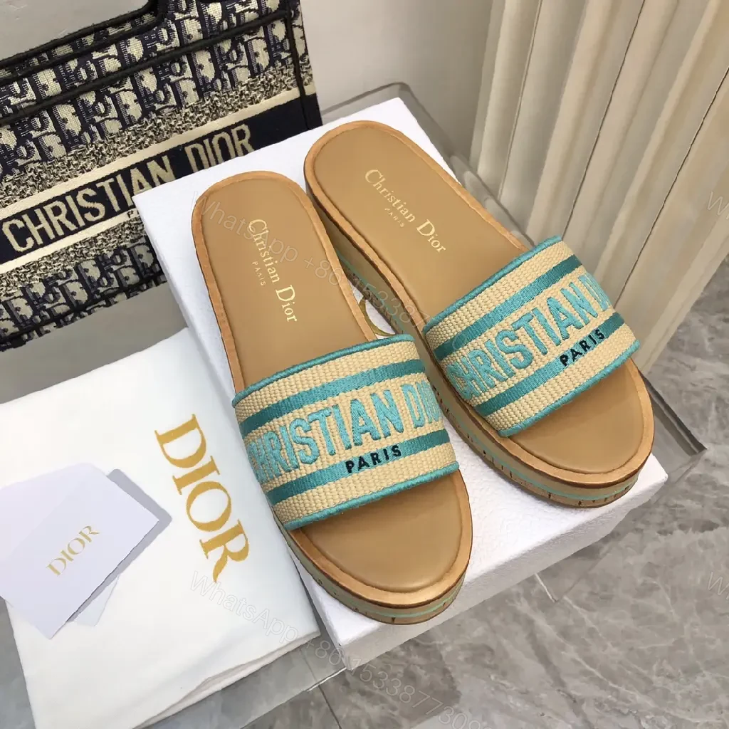View 7 of Turquoise Canvas Striped Platform Sandals with Christian Dior Print